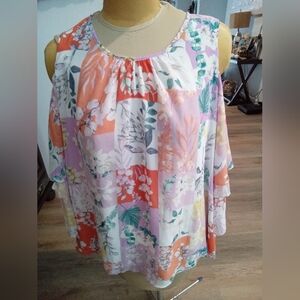 Cato Plus Sz 22/24 NWT Floral Patchwork Cold Shoulder Ruffled Bell Sleeve Blouse